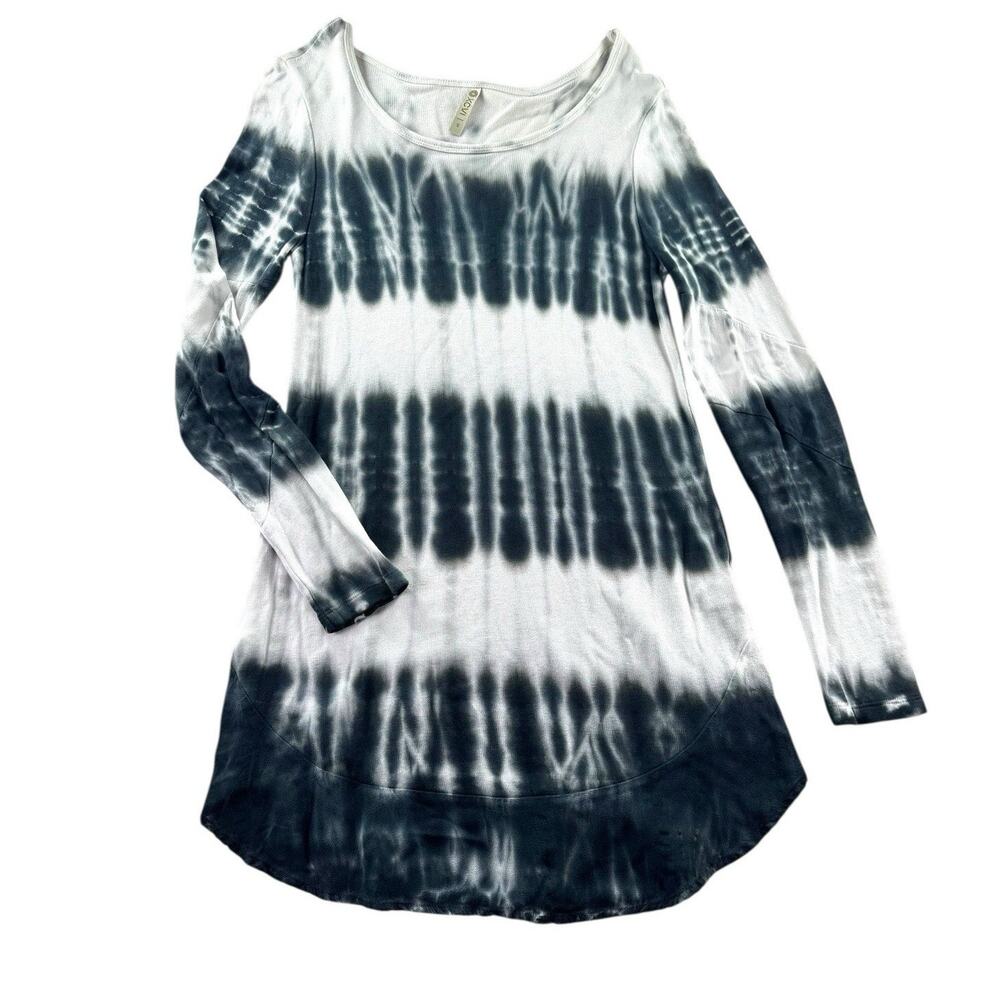 XCVI Womens S Tie Dye Tunic Top White Navy Blue Mixed Media Long Sleeve Blouse